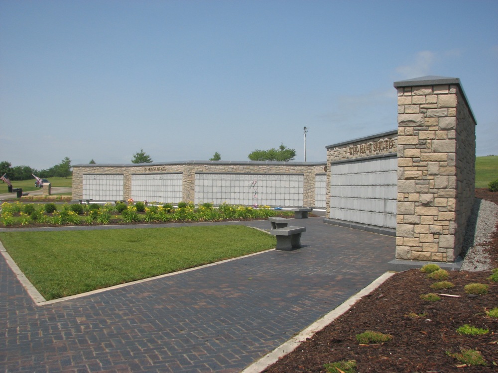 garden area in front of columbarium wall in Higgisville